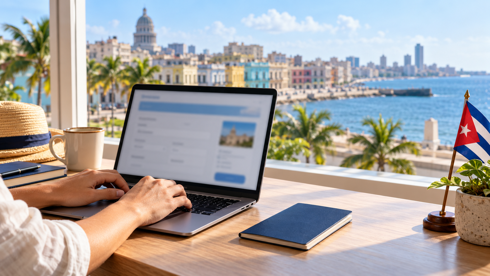 Online Cuba eVisa application guide with a laptop, passport and Cuban flag