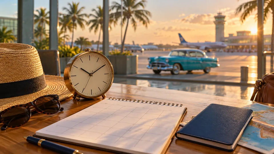 Cuba eVisa price and processing time guide with a passport, clock and Havana sunset